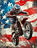 DIY Diamond Painting Patriotic American Flag Motocross 12x16 Inch, Full Round Drill Kits Mosaic Art for Adults Relax & Home Wall Decor Festival Gift 1696