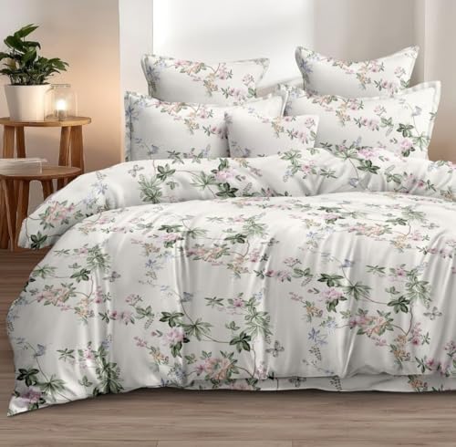 Image of DECOR2ADMIRE 300TC Premium Glace Cotton Printed Super King Size Double Bedsheet with Two Pillow Covers, 108 * 108 Inches or 9ft by 9ft or 275 cm x 275 cm (White Pastel Garden)