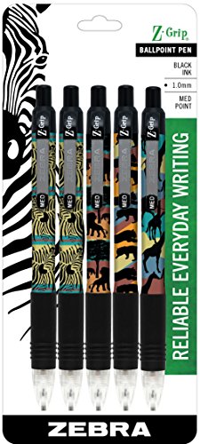 Zebra Pen Z-Grip Safari Retractable Ballpoint Pen, Medium Point, 1.0mm, Assorted Colors, 5-Count