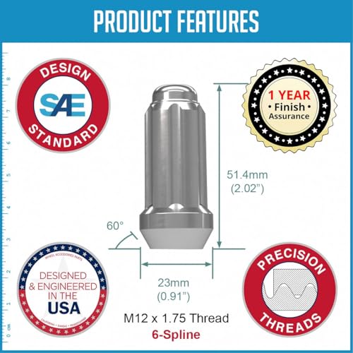 Image of Wheel Accessories Parts 60 Pcs M12x1.75 12x1.75 Thread Truck 2.00 inch Long Spline Lug Nuts Chrome 6 Spline Fits 1997 to 1999 Ford F150 Expedition 1998 to 1999 Lincoln Navigator
