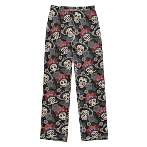 Skull Rose Floral Boys Long Pants Soft Trousers Elastic Waist Kids Lounge Bottoms with Pockets S-XL