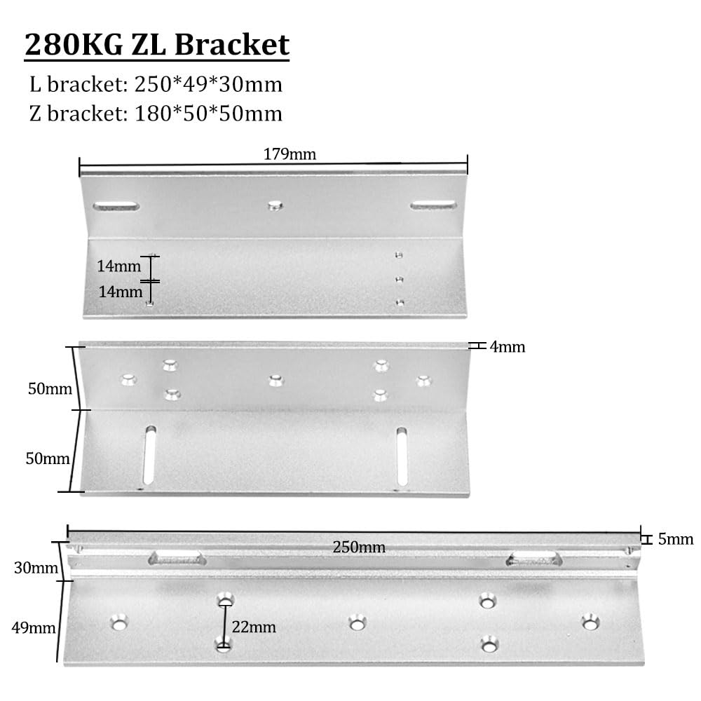 Verrou électromagnétique avec supports Z/L – Force de maintien de 280 kg, résistant aux intempéries, 12 V DC Fail-Safe (NC) pour systèmes de contrôle d'accès