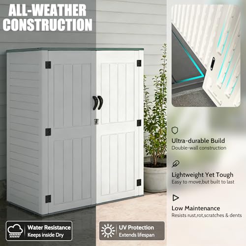 Image of EHHLY Vertical Resin Storage Shed, 60 Cuft Garden Tool Sheds & Outdoor Storage, Plastic Outdoor Storage Cabinet Waterproof, 4.5 x 2.3 ft Backyard Outside Lawn Mower Storage Shed, Light Grey