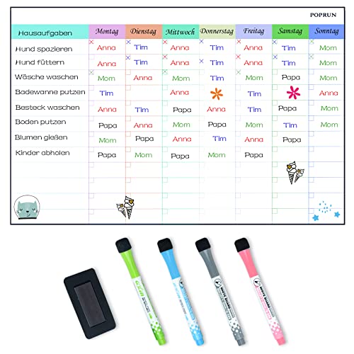 POPRUN Magnetisch Familie Haushaltsplaner Wochenplan und Putzplan Magnettafel Kühlschrank Aufgabenplan für Haushalt 2 Monatsplaner Terminplaner wiederverwendbar 43×28 cm auf Deutsch