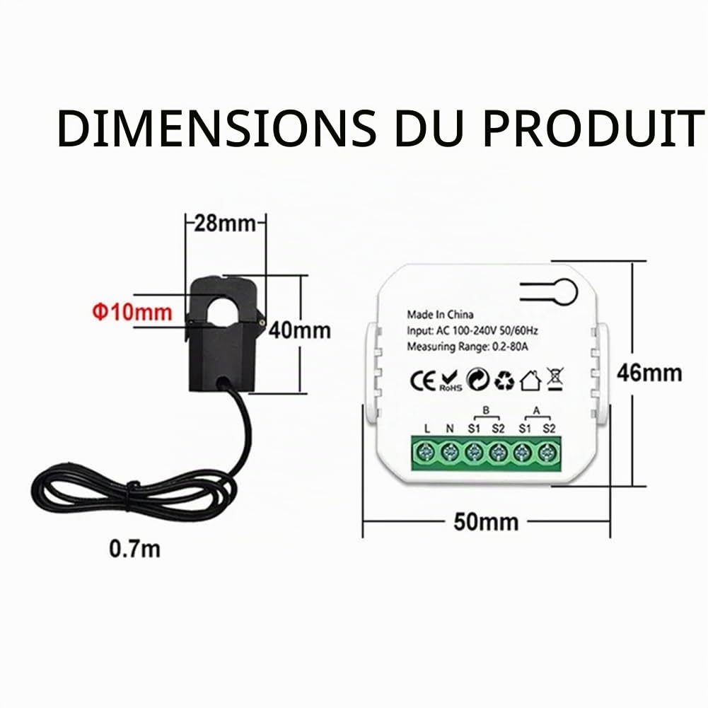 Compteur D'énergie ZigBee 2 Canaux Bidirectionnel avec Capteur de Courant Tuya Smart Moniteur Puissance 80A 110 V/240 V Passerelle Requis