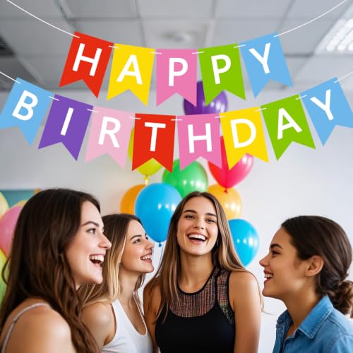 Image of Happy Birthday Banner Sign, Birthday Garland Wall Door Hanging Banners Flag for Women Men Boys Girls Party Backdrop Decorations, Personalized Name Banner White Letters Multicolor