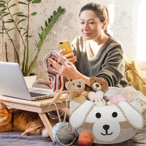Image of Zopeal Dog Woven Basket Cute Woven Cotton Rope Puppy Animal Storage Basket for Laundry Toy Gift(Khaki, White,13 x 8 Inch)