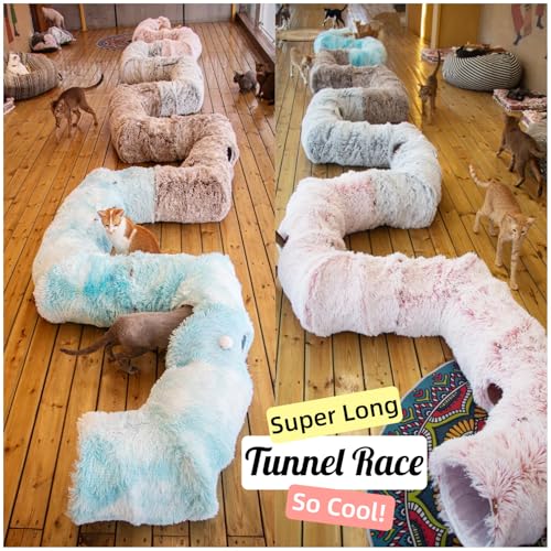XxingSheep 4 Cave Shuttled XL Cat Tunnel Bed for Indoor Cats Peekaboo Toy Donut with Warm Mat, Pinkish White