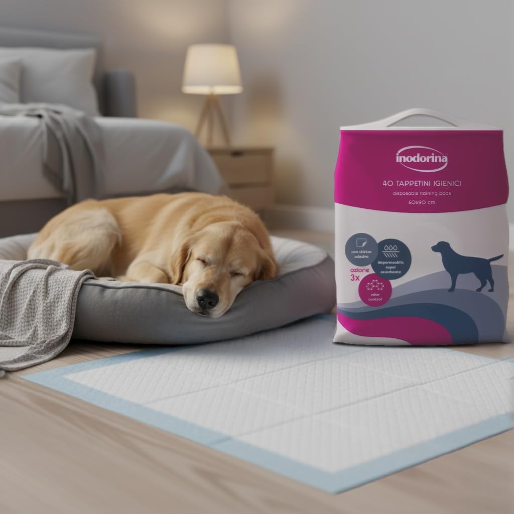 Inodorina Tappetini igienici per Cani (60x90 cm, 40 Pezzi, Senza Profumo) – Traversine profumate Super assorbenti in Pura cellulosa Vergine – con polimeri Odor Control e Sticker Antiscivolo