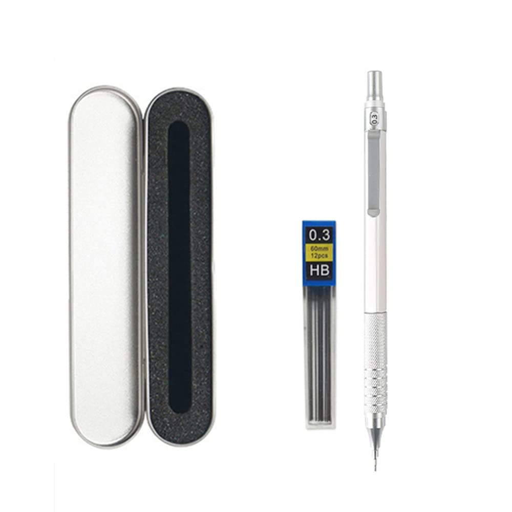 YYMIYU Matita Meccanica 0.5 Mm A Basso Centro Di Gravità, Corpo In Metallo Strutturato, Argento + 4 Confezioni Di Mine In Regalo