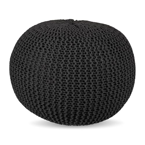 Pouf Relaxdays, tricoté, HxD 33 x 46 cm, Rembourrage en polystyrène, Coussin de Sol Rond, Tabouret Boho, Gris foncé