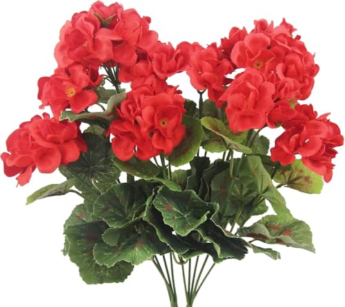 Laelfe Geranios Artificiales Exterior, Ramo de Geranios Flores Artificiales para Exterior Interior Hogar Jardin Patio Balcón Maceta Colgante Decoración de Mesa (Rojo, 2 Pcs)