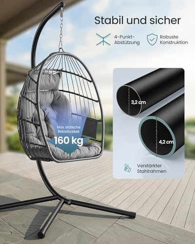 SONGMICS Hängesessel mit Gestell, Hängeschaukel Outdoor, Korbsessel, Korb klappbar und abnehmbar, Hängestuhl höhenverstellbar, Seitentasche, Kissen, Wohnzimmer Garten Balkon, grau GDC050GZ01 6