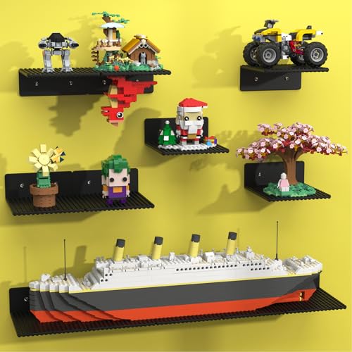 BlissBox 12-Pack Floating Shelves for Wall Compatible with Lego Building Bricks, 5x5.5inch Dual‑Sided 16x17 Studs for Toy Brick Storage and Display, ABS Display Shelves for Room Decor, Black