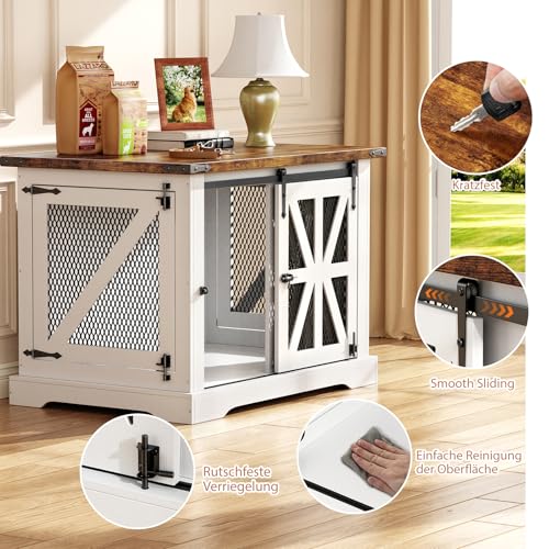 Hundekäfig, 110 cm Hundebox, Dreitüriger Hundekäfig für zu Hause, Schiebetür, Modernes Holz-Hundehäuschen, Mittlere und Große Hunde, Verstärktes Eisennetz, 110x74x81 cm, Weiß