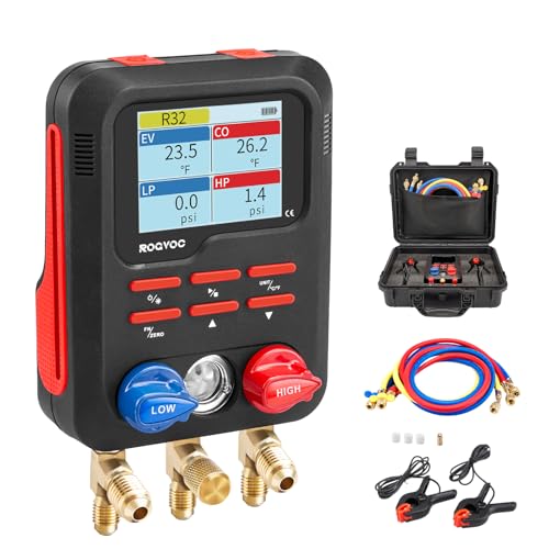 ROGVOC Digital Manifold Gauge, HVAC Refrigerants Digital AC Gauges Set with 2 Thermometer Clamps and 3 Hoses, for R22/R410A/R134A/1234YF Refrigerant Recharge Kit, Black