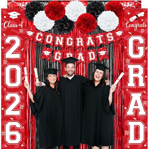 Image of Graduation Party Decorations Class of 2026, Graduation Decorations with Congrats Grad Banner Fringe Foil Curtain Paper Flower Ball Balloons for High School College Grad Party Supplies, Red