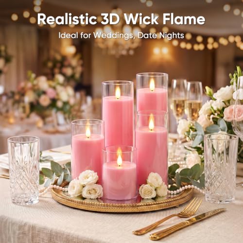 Image of Raycare Battery Operated Flameless Pillar Candles with Remote Timer, Pink | LED Acrylic Candle, Romantic Ambience for Valentine's Day, Birthday Parties, Wedding Settings, Christmas Home Decor, Set of 5