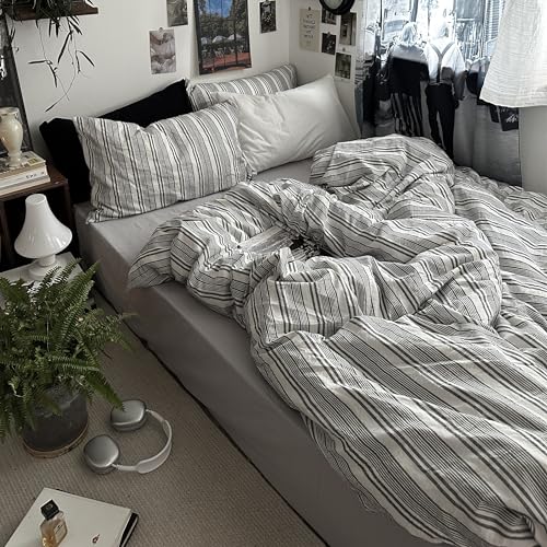 Image of Striped Duvet Cover Set, Queen Size, Dark Grey & White, 3 Pieces | Men's Cotton Bedding Set, Modern Preppy Style, Boys Comforter Cover for College Dorm, 90 inchx90 inch