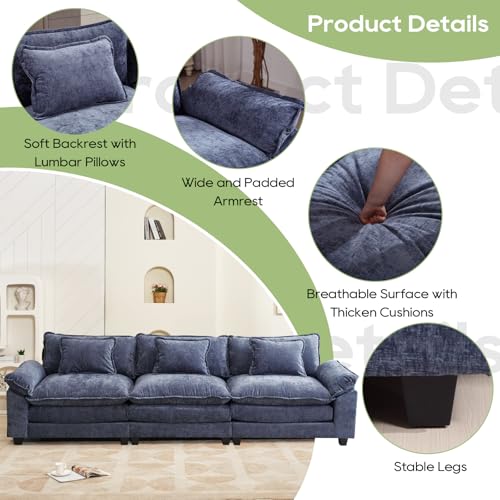 Image of Oprisen 120 inch Modular Sectional Sofa, Comfy Cloud Couch Sectional, Chenille Sofa Sleeper Deep Seat Sofa with Throw Pillows for Living Room (Blue, 120 inch- 3 Seater)