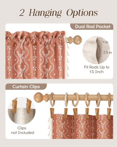 Image of Miss Adola Boho Kitchen Curtains - 45 Inch Length Linen Blend Floral Burnt Orange Cafe Curtains Tassels Tier Curtain Short Drapes Rod Pocket for Bathroom Living Room Windows Light Filtering, 2 Panels