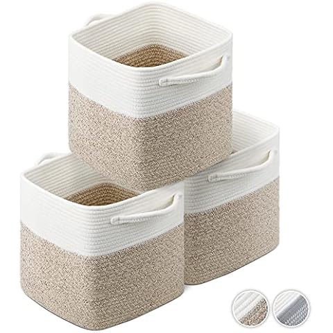 LOVESTORAGE Woven Baskets, 3 Pack Rope Baskets Storage Bins Baby Room Storage Baskets Dog Toy Baskets with Handles Baskets for Shelf (12.75“x12.75”x12.75" White/Brown) Cover