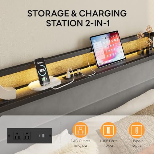 Image of LIKIMIO King Size Bed Frame, Storage Headboard with LED Lights and Charging Station, Metal Platform Bed No Box Spring Needed, Noise Free, Under Bed Storage, Charcoal Gray