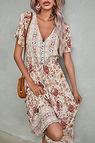 R.vivimos Womens Summer Floral Print Cotton Short Sleeve Flowy Dress (Large, White) #TOP4