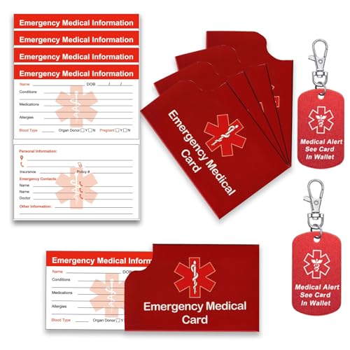 4 Pack Medical Alert Emergency Contact Information Id Card for Wallet and 2 Pcs Medical Alert See...