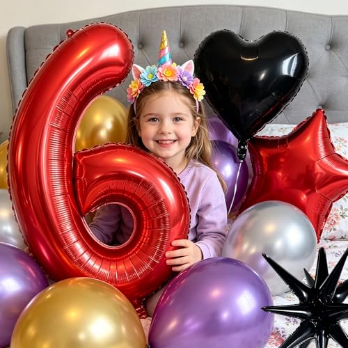 Image of TONIFUL 6th Birthday Balloons Kit 40 Inch Red Large Number 6 Foil Balloon
