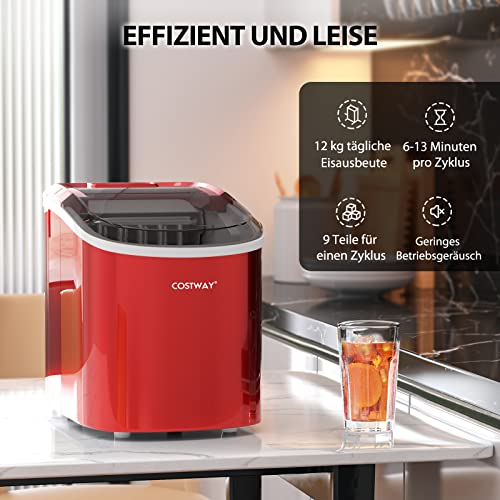COSTWAY 2,2 L Eiswürfelmaschine 12kg/24H, Ice Maker 9 Eiswürfel in 6-13min, Elektrischer Eiswürfelbereiter mit Korb Schaufel 2 Eisgrößen (Rot) – Bild 4