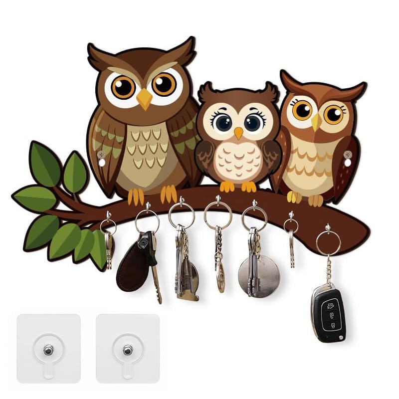Owl Wall-Mounted Key Holder with 7 Hooks, Wooden | 3 Owls Design, Adhesive Mount, Entryway Organiser, No Drilling Required, Home Decor-image-14
