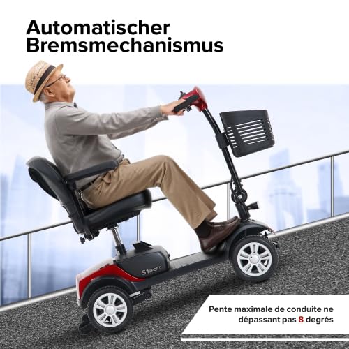 Scooter de movilidad 6 km/h para mayores, 4 ruedas, motor 300 W, carga 136 kg, batería extraíble, asiento 360°, luz LED, rojo