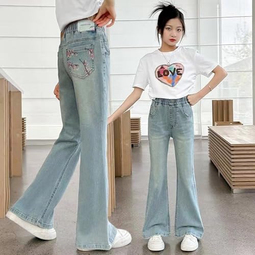 Girls' Flare Jeans with Floral Embroidery Pocket Elastic Wasit Wide Leg Denim Pants Baggy Cute Y2k Bell-Bottoms2