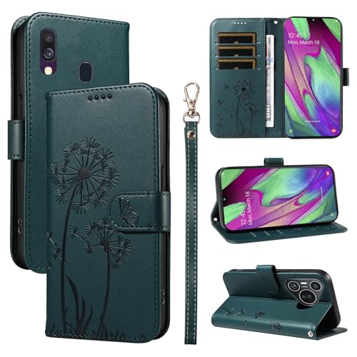 Bravoday Cover per Samsung Galaxy A40, Custodia in PU Pelle Portafoglio Flip Schede con Slot per Carte, Magnetica Antiurto Cover per Galaxy A40, Verde Scuro