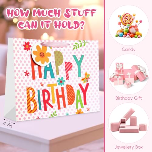 Image of JMANNI Large Happy Birthday Gift Bag with Tissue Papers and Greeting Card,Portable Paper Gift Bags with Handles, Present Bags for Women Girls Birthday Party Supplies 13 inch x 10.2 inch x4.7 inch(Pink Floral)