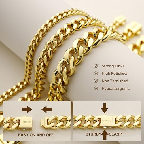 NOKMIT Stainless Steel Cuban Link Bracelet for Men & Women, 5mm/9mm/12mm Width, 7"/7.5"/8"/8.5" Length, Dainty 14K Gold Silver Chunky Curb Chain Bracelets Hip Hop Jewelry, Unisex Gifts4