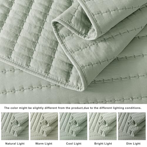 ROARINGWILD Sage Green King Size Quilt Bedding Sets with 2 Pillow Shams, Lightweight Soft Bedspread Coverlet, Quilted Blanket Thin Comforter Bed Cover for All Season, 3 Pieces, 104x90 inches