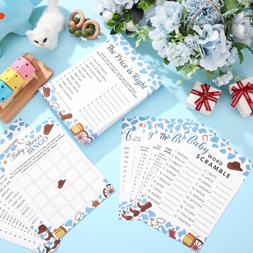 Image of Jetec 302 Pcs Baby Shower Games, 6 Games,50 Sheets Each, Cowboy | Baby Shower Word Scramble, Word Search, Predictions and Advice, Price Right, Guess Game, Baby Shower Decorations