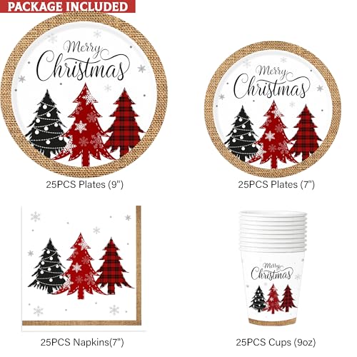 Christmas Paper Plates and Napkins(Serves 25), Christmas Plates Disposable, Included Dinner Plates, Dessert Plates, Napkins and Cups for Xmas Party Decorations – Image 4