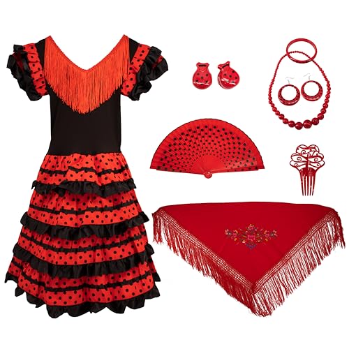 Gojoy shop - Disfraz de sevillana flamenco para niña, contiene: vestido, mantón y accesorios. (3 colores y 5 tallas diferentes.) (NEGRO, 6)