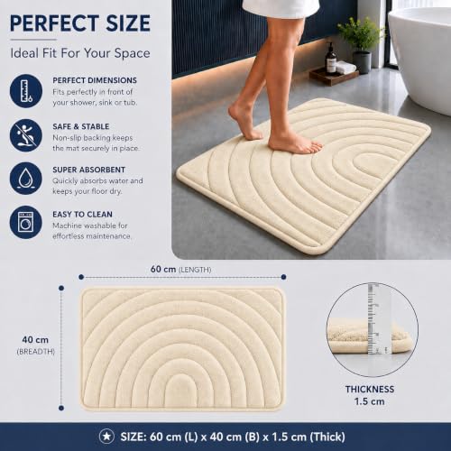 Image of Premium Memory Foam Bath Mat | 40x60cm Super Absorbent Velvet Bathroom Rug | Non-Slip Machine Washable Floor Mat (Vanilla Cream)