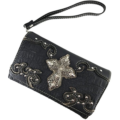 Justin West Western Tooled Croc Animal Faux Leather Silver Rhinestone Cross Studded Wristlet Trifold Wallet Attachable Long Strap (Black)2