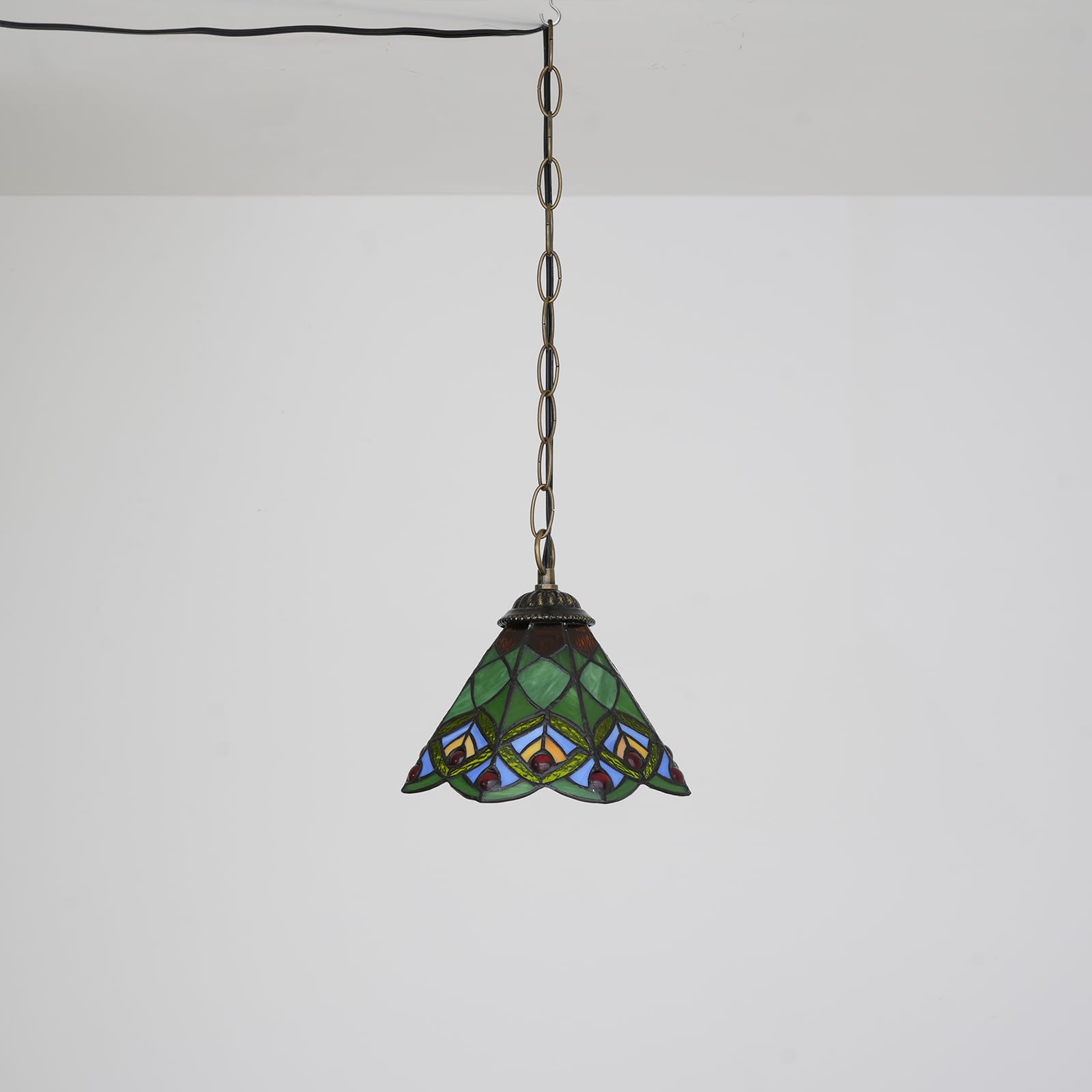 Suspension Tiffany 8 pouces en verre teinté vert queue de paon, lampe suspendue Tiffany en verre teinté, suspension réglable en hauteur avec câble de 18 pieds