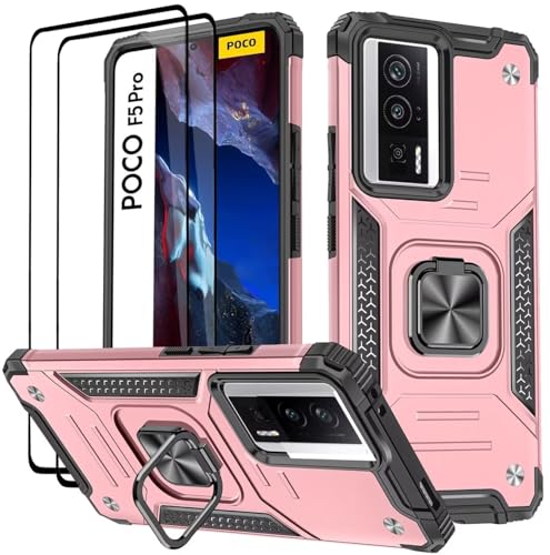 Cover per Xiaomi POCO F5 Pro 5G Vetro Temperato 2 Pack Custodie 360° Rotante Anello Magnetica Ring Supporto Bumper - Rose Gold silicone tpu