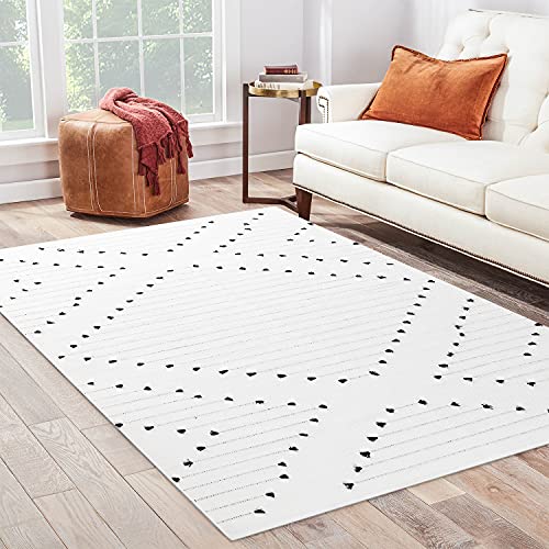 Image of HAOCOO Living Room Rug 5' x 7', Geometric Boho Moroccan Machine Washable Black and White, Vintage Tribal Throw Floor Carpet for Bedroom Laundry Room Classroom, Indoor Outdoor