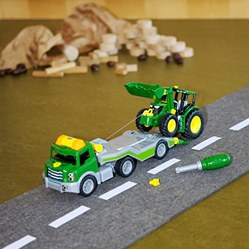 Theo Klein 3908 Transporter mit John Deere Traktor I Schraubset inkl. Schraubendreher I Maße: 36 cm x 10,50 cm x 17 cm I Spielzeug für Kinder ab 3 Jahren