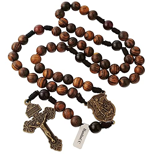 HanlinCC 10mm Handmade Solid Wood Beads with Agate Stone Our Father Beads Catholic Rosary Necklace for Men with St.Michael Center Piece and Pardon Crucifix