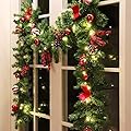 MorTime 9 FT LED Christmas Garland with Pinecones Red Berries Bows Christmas Balls Candies, Multi-Function Christmas Garland with 50 Warm White LED Lights, 180 Branch Tips