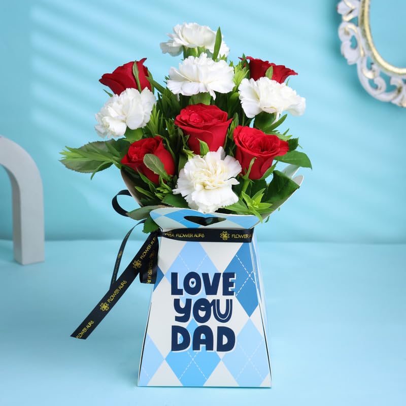 FlowerAura Fresh Live Flower Bouquet of 5 White Carnations & 5 Red Roses In Box For Birthday Gift & Father's Day Gift For Dad | Papa | Father-In-Law | Grandfather | Daddy | Baba (Same Day Delivery)-image-1